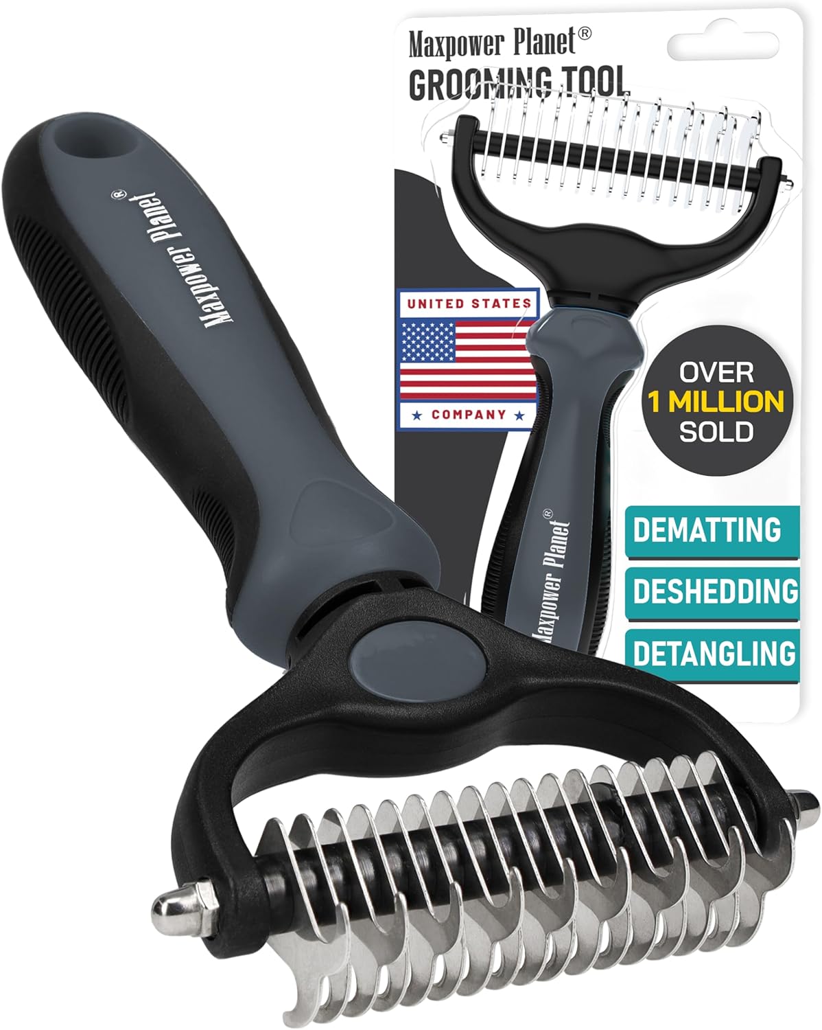 Maxpower Planet Pet Grooming Brush - Double Sided Shedding, Dematting - Undercoat Rake for Dogs - Dog Grooming Brush - Deshedding Brush for Dogs - Dog Brush, Cat Brush, Reduce Shedding by 95%, Black - PuriLite
