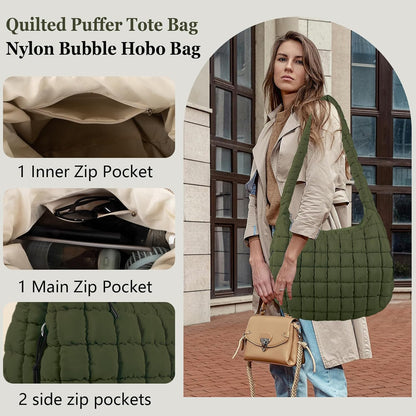 Quilted Puffer Tote Bag Large Crossbody Shoulder Bag with Zipper, Nylon Hobo Oversized Handbag - PuriLite