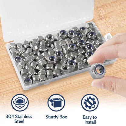 Vifmy 110 Pack 1/4"-20 Inch Lock Nuts,304 (A2-70) Stainless Steel Nylon Insert Locknuts,Standard Inch Thread Nylock Nuts for Bolts - PuriLite