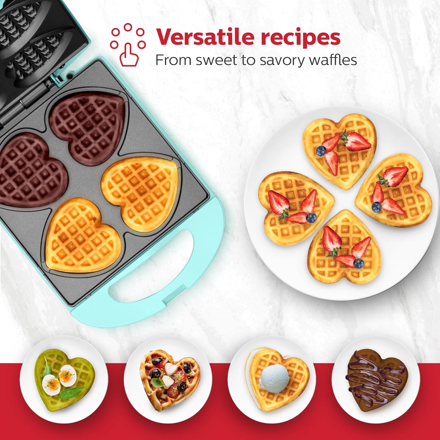 Holstein Housewares - Non-Stick Heart Waffle Maker, Lavender - Makes 4 Heart-Shaped Waffles in Minutes - PuriLite
