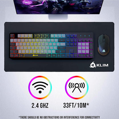 KLIM  Chroma Wireless Gaming Keyboard RGB New - Long-Lasting Rechargeable Battery - Quick and Quiet Typing - Water Resistant Backlit Wireless Keyboard for PC PS5 PS4 Mac - Black - PuriLite