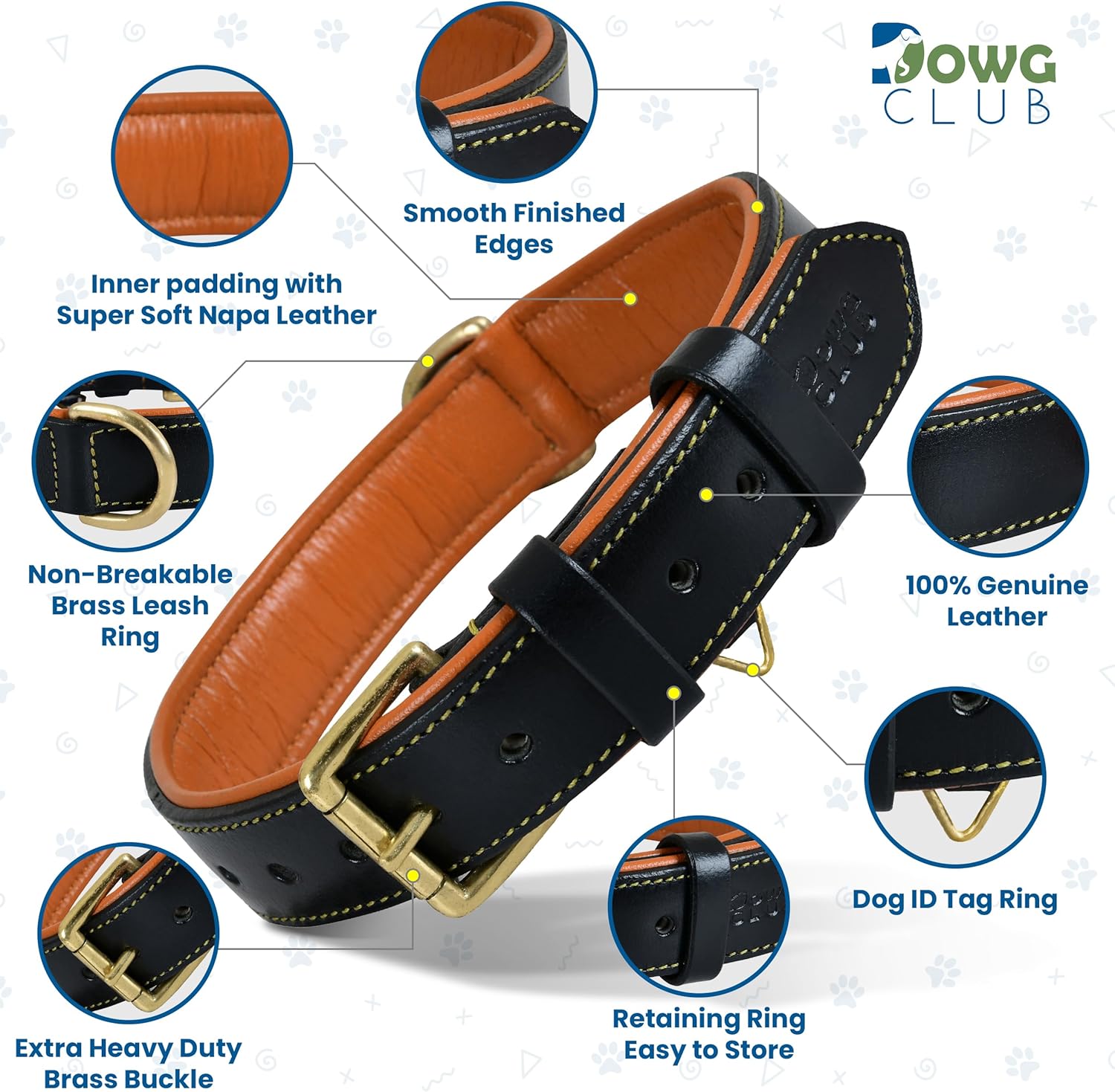 DowgClub | Genuine Leather Dog Collar | Full Grain, Heavy Duty | Comfortable, Strong | Best for Pups, Small, Medium & Large Breeds | Pink, Brown, Black, Tan - PuriLite