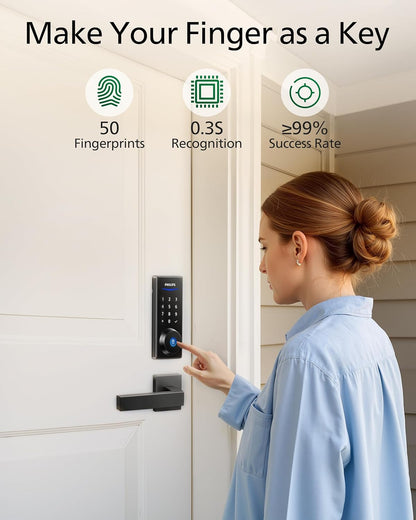 Philips Fingerprint Keyless Entry Door Lock, Electronic Door Lock with Touchscreen, Long-Lasting Battery, Auto Locking, One-Time Code, Keypad Deadbolt, One-Touch Locking, Matte Black - PuriLite