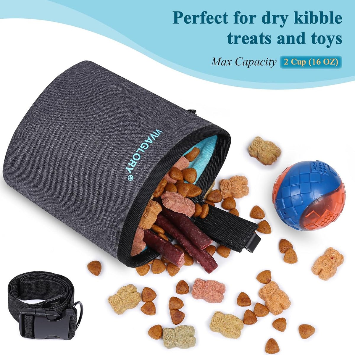 VIVAGLORY Dog Treat Bags, Puppy Pet Dog Training Treats Pouch Hands-Free 2 Ways to Wear with Adjustable Waistband and Built-in Dog Waste Bag Dispenser, Grey - PuriLite