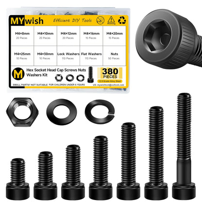 Mywish 900Pcs Metric Screw Assortment, M3 M4 M5 M6 Screw Assortment Kit 304 Stainless Steel Hex Socket Button Head Socket Cap Metric Screws Bolts & Flat Washers/Nuts/Hex Wrenches 16 Sizes 8MM to 20MM - PuriLite