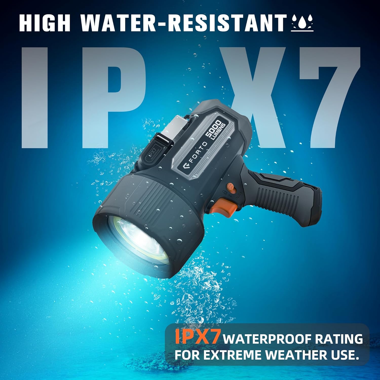 FORTO Rechargeable Spotlight 5000LM, IPX7 Waterproof Flashlight with 5200mAh Long-Lasting Battery, 7 Modes Handheld Light with EVA Case, for Boat, Hunting, Emergency, Outdoor Use - PuriLite