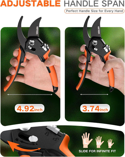 VOTREK Pruning Shears - 8.5" Heavy Duty Bypass Pruners for Gardening with Built-in Spring & SK5 Steel Blades - Ergonomic Adjustable Handle for All Hand Sizes, Garden Clipper Plant Scissors for Branch - PuriLite