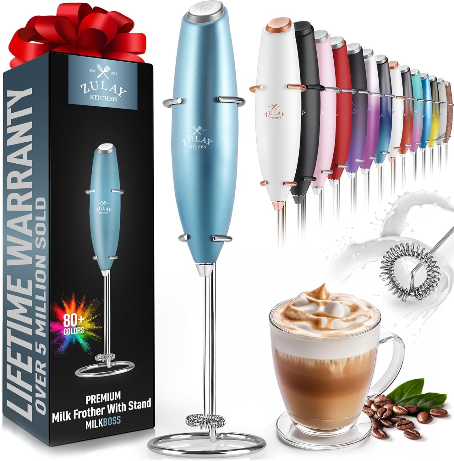 Zulay Kitchen Powerful Double Whisk Milk Frother Handheld - Foam Maker with Stand - Whisk Drink Mixer for Coffee, Mini Foamer for Latte, Matcha, Frappe, Hot Chocolate & Cappuccino (Black) - PuriLite