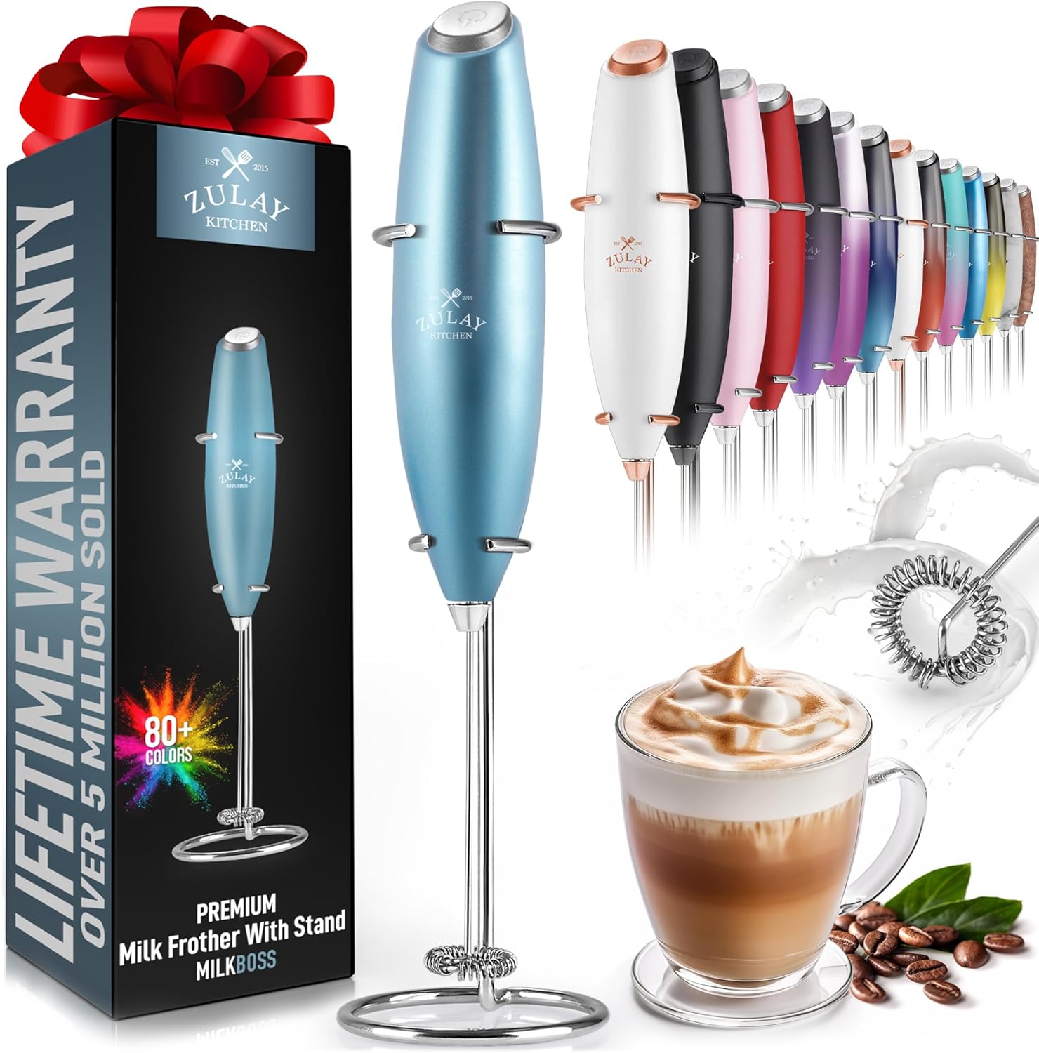 Zulay Kitchen Powerful Double Whisk Milk Frother Handheld - Foam Maker with Stand - Whisk Drink Mixer for Coffee, Mini Foamer for Latte, Matcha, Frappe, Hot Chocolate & Cappuccino (Black) - PuriLite
