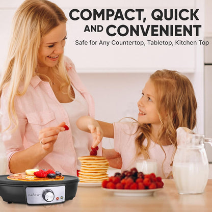 NutriChef Electric Crepe Maker, Cooks Roti, Tortillas, Pancakes, Nonstick Cooktop, 8-inch Cook Area On/Off Switch, Automatic Temperature Control & Cool Touch Handle, Includes Food Bowl, Whisk, Spatula - PuriLite