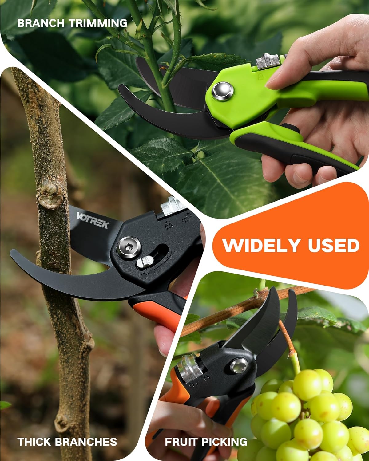 VOTREK Pruning Shears - 8.5" Heavy Duty Bypass Pruners for Gardening with Built-in Spring & SK5 Steel Blades - Ergonomic Adjustable Handle for All Hand Sizes, Garden Clipper Plant Scissors for Branch - PuriLite