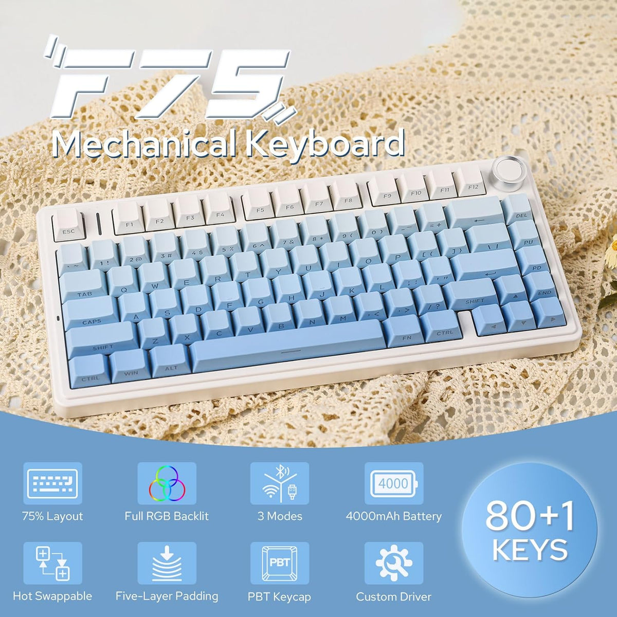 EPOMAKER x Aula F75 Gasket Mechanical Keyboard, 75% Wireless Hot Swappable Gaming Keyboard with Five-Layer Padding&Knob, Bluetooth/2.4GHz/USB-C, RGB (Black Gradient, LEOBOG Reaper Switch) - PuriLite