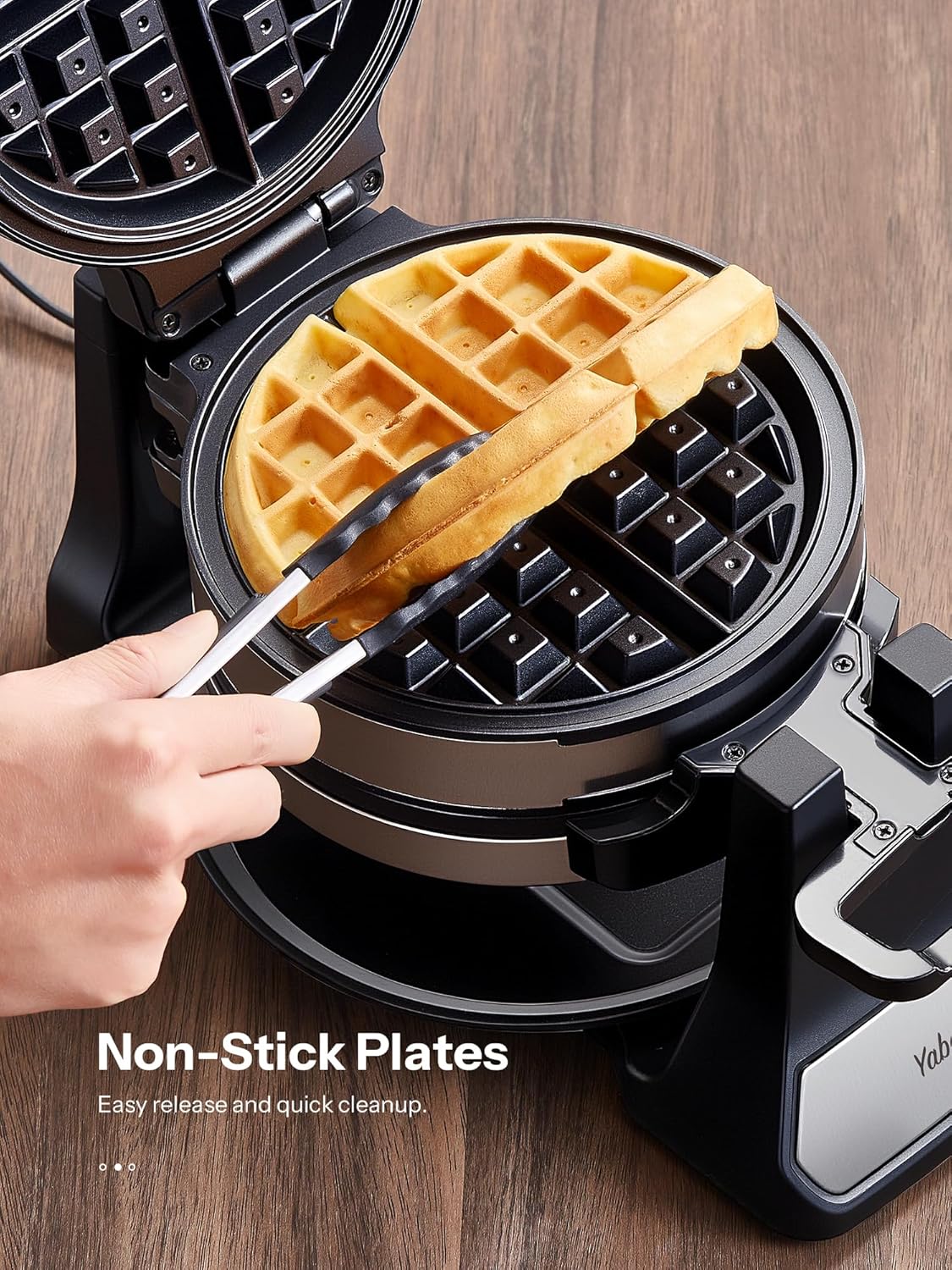 Belgian Waffle Maker with Double Waffle Plate, Yabano Rotating Waffle Iron with Nonstick Plates, Removable Drip Tray and Cool Touch Handles, Gaufrier Belge, Stainless Steel - PuriLite