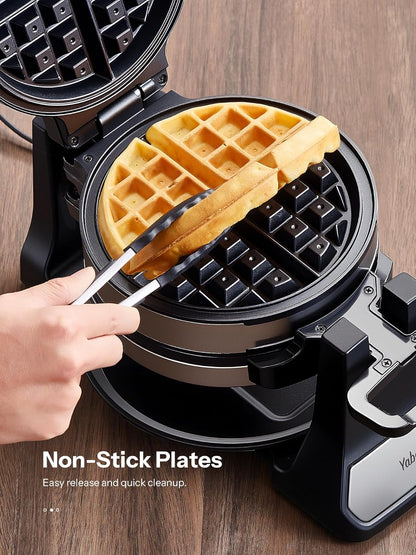Belgian Waffle Maker with Double Waffle Plate, Yabano Rotating Waffle Iron with Nonstick Plates, Removable Drip Tray and Cool Touch Handles, Gaufrier Belge, Stainless Steel - PuriLite