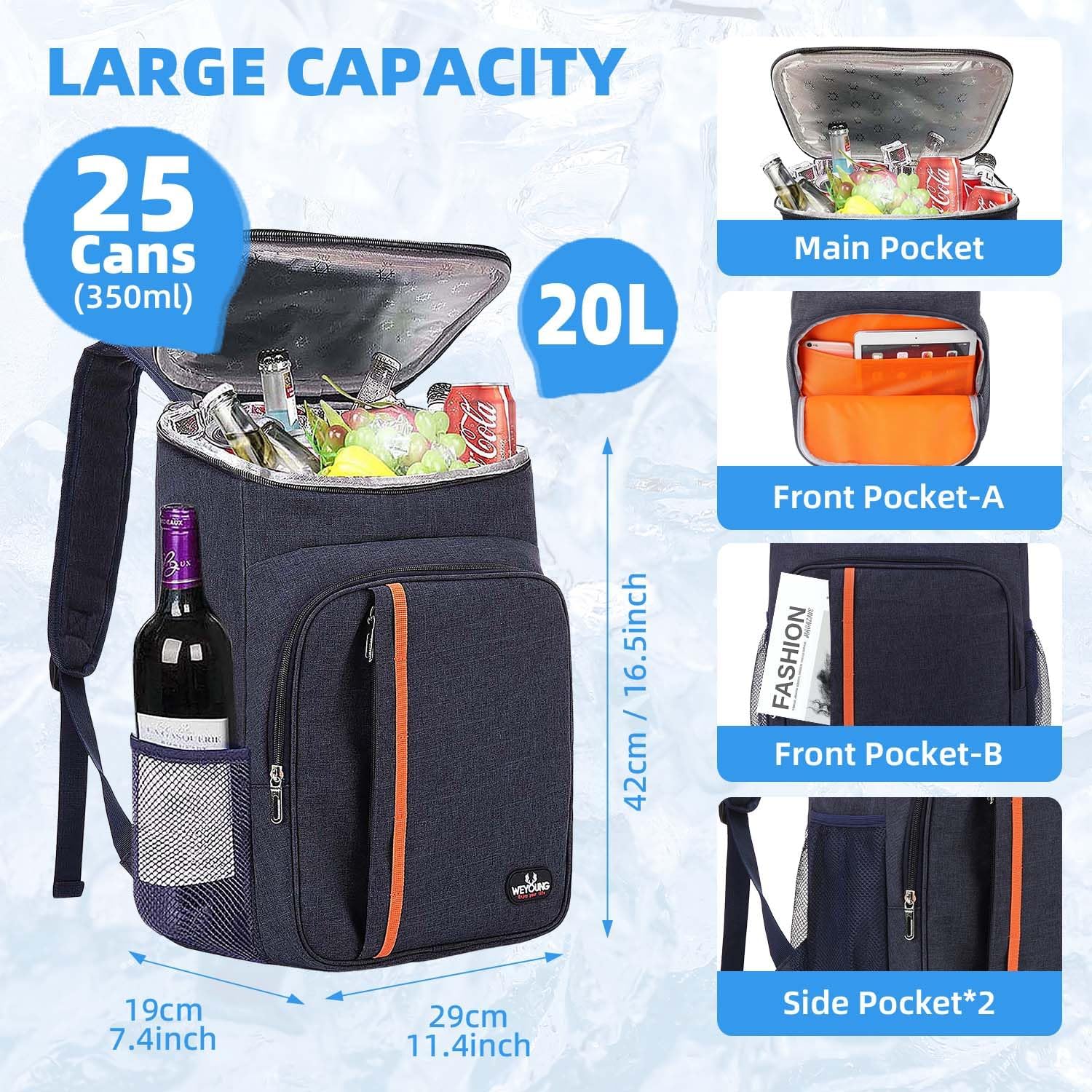 Bagtopia Camping Cooler Backpack 25 Cans, Leak Proof Insulated Thermal Bag, Beach Travel Picnic Lunch Backpack for Men Women - PuriLite