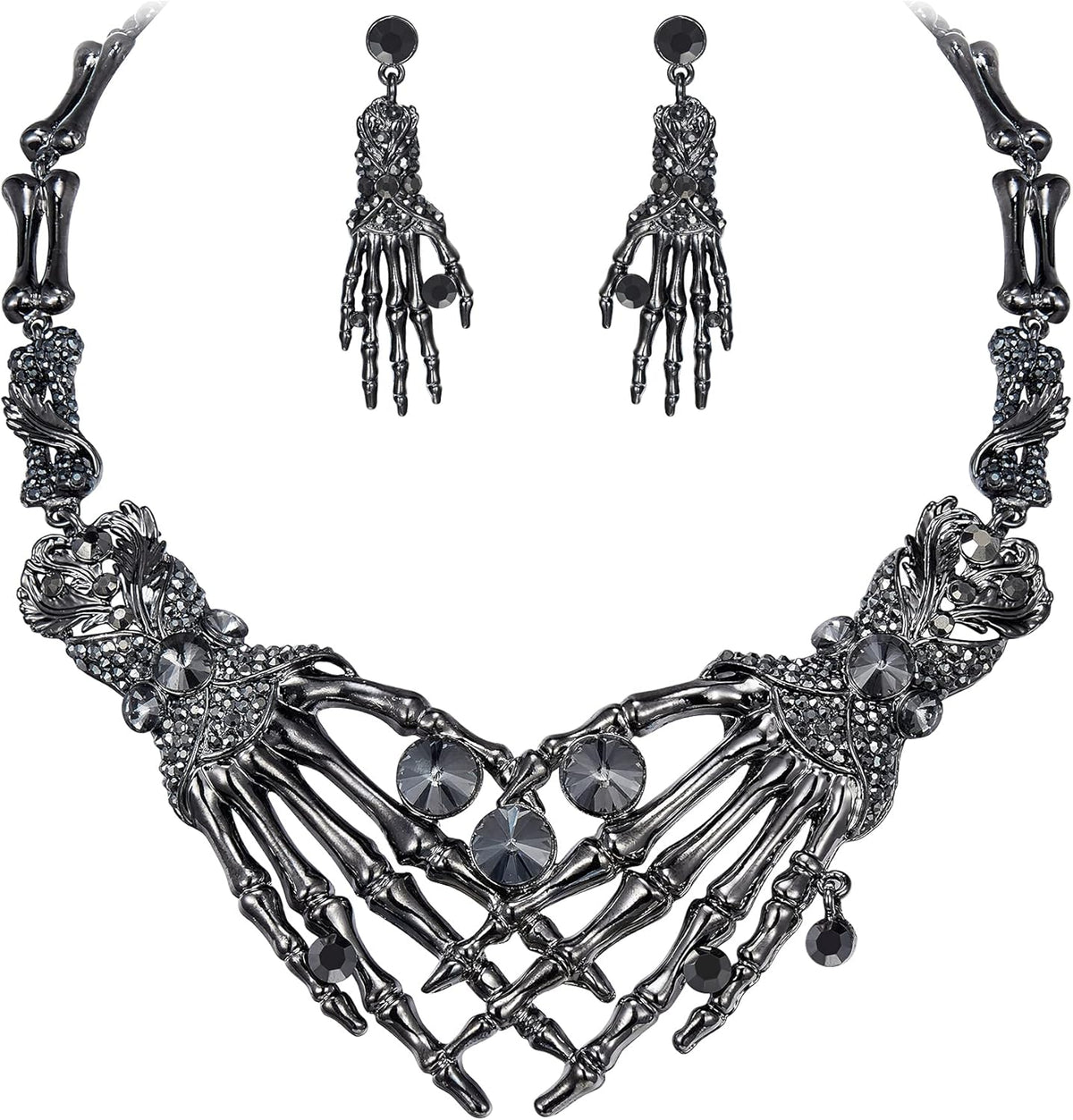 EVER FAITH Austrian Crystal Halloween Skeleton Hand Skull Necklace Earrings Set - PuriLite