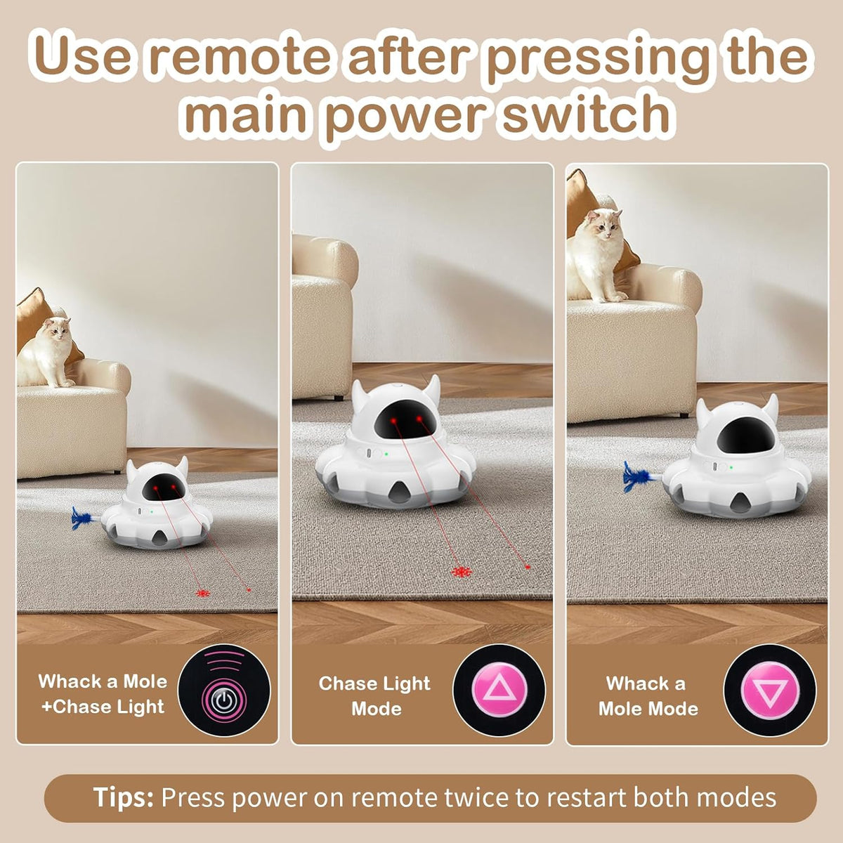 Cosicosy 2-in-1 Interactive Cat Toys for Indoor Cats, Automatic Cat Toy with 8 Holes Mice Whack A Mole Moving Feather, Smart Cat Toy (White) - PuriLite
