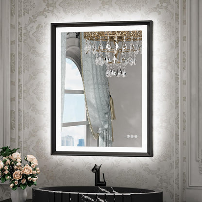 TETOTE 28x36 LED Mirror for Bathroom Black Metal Frame Frontlit & Backlit Lighted Vanity Mirror Baroque Gothic Anti Fog Stepless Dimmable White/Warm/Natural,Wall Mounted(Horizontal/Vertical) - PuriLite