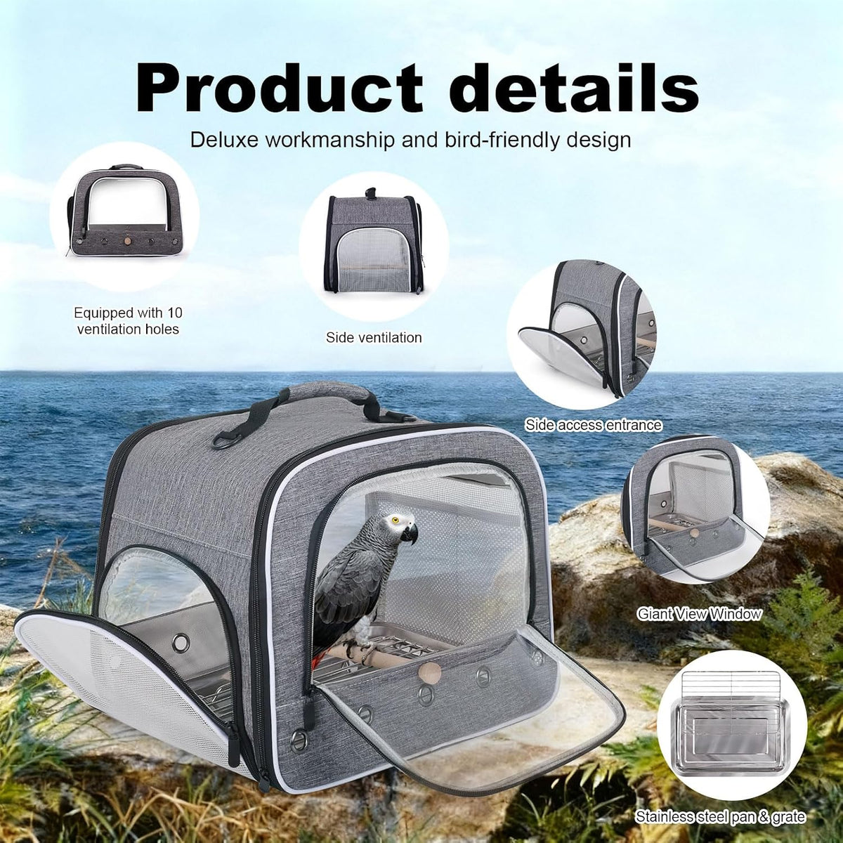 Bird Travel Carrier Cage for Large Size Parrot, Portable Bag with Metal Tray and Grate to Carry and Transport Medium to African Grey, Long Tail Cockatiel and Parrot, Feather Grey