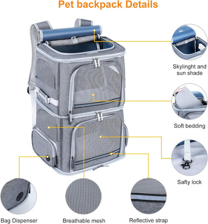Double Cat Carrier for 2 Cats,Dog Backpack Carrier for Medium Dogs,Double Compartment Pet Carrier Backpack for Dual Pets,for Outdoor Traveling/Stroll and Picnic - PuriLite