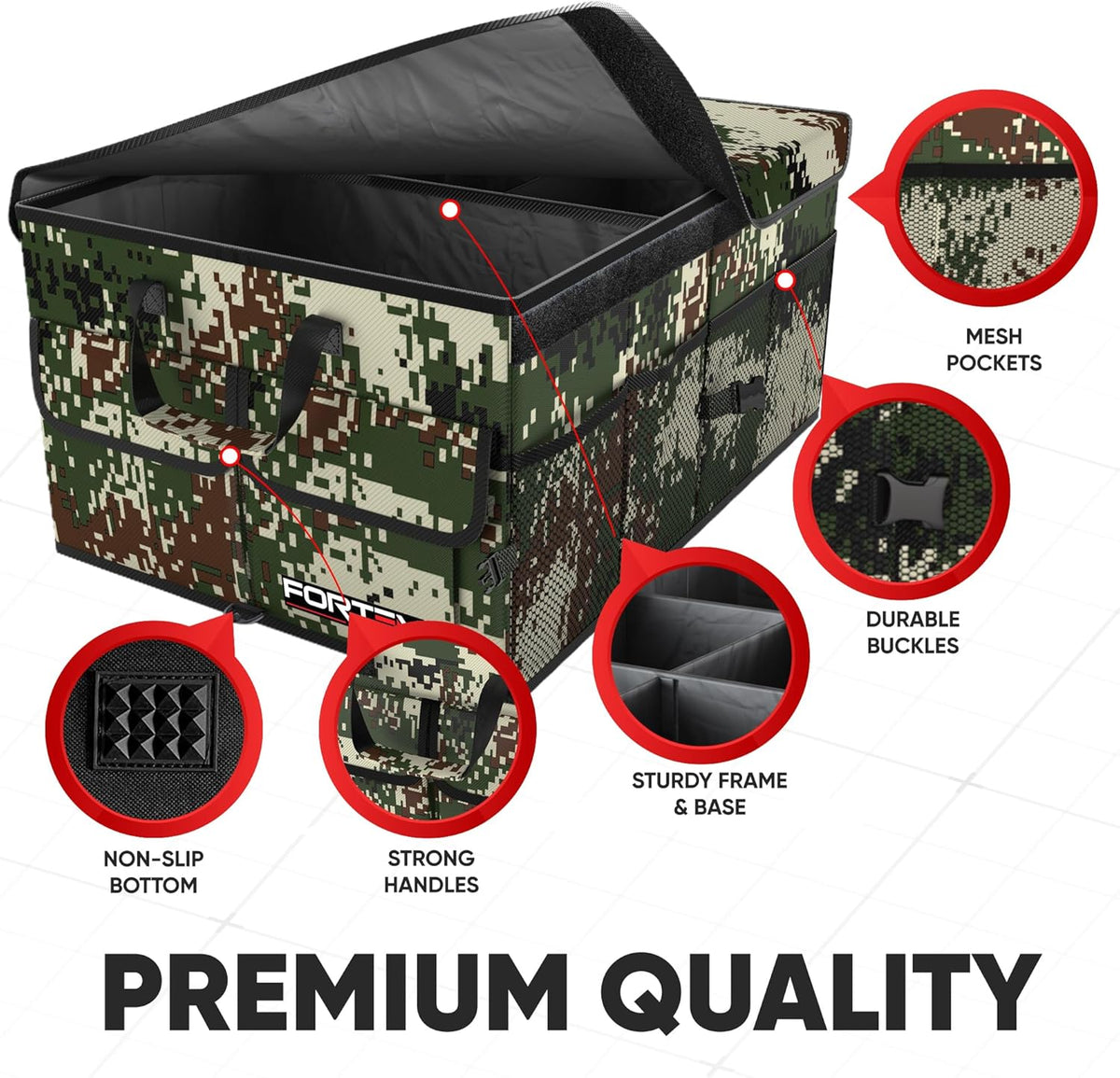FORTEM Car Trunk Organizer, Collapsible Multi Compartment Car Organizer, Foldable SUV Storage for Car Accessories for Women Men, Non Slip Bottom, Securing Straps, Soft Cover 50L (Black, Standard) - PuriLite