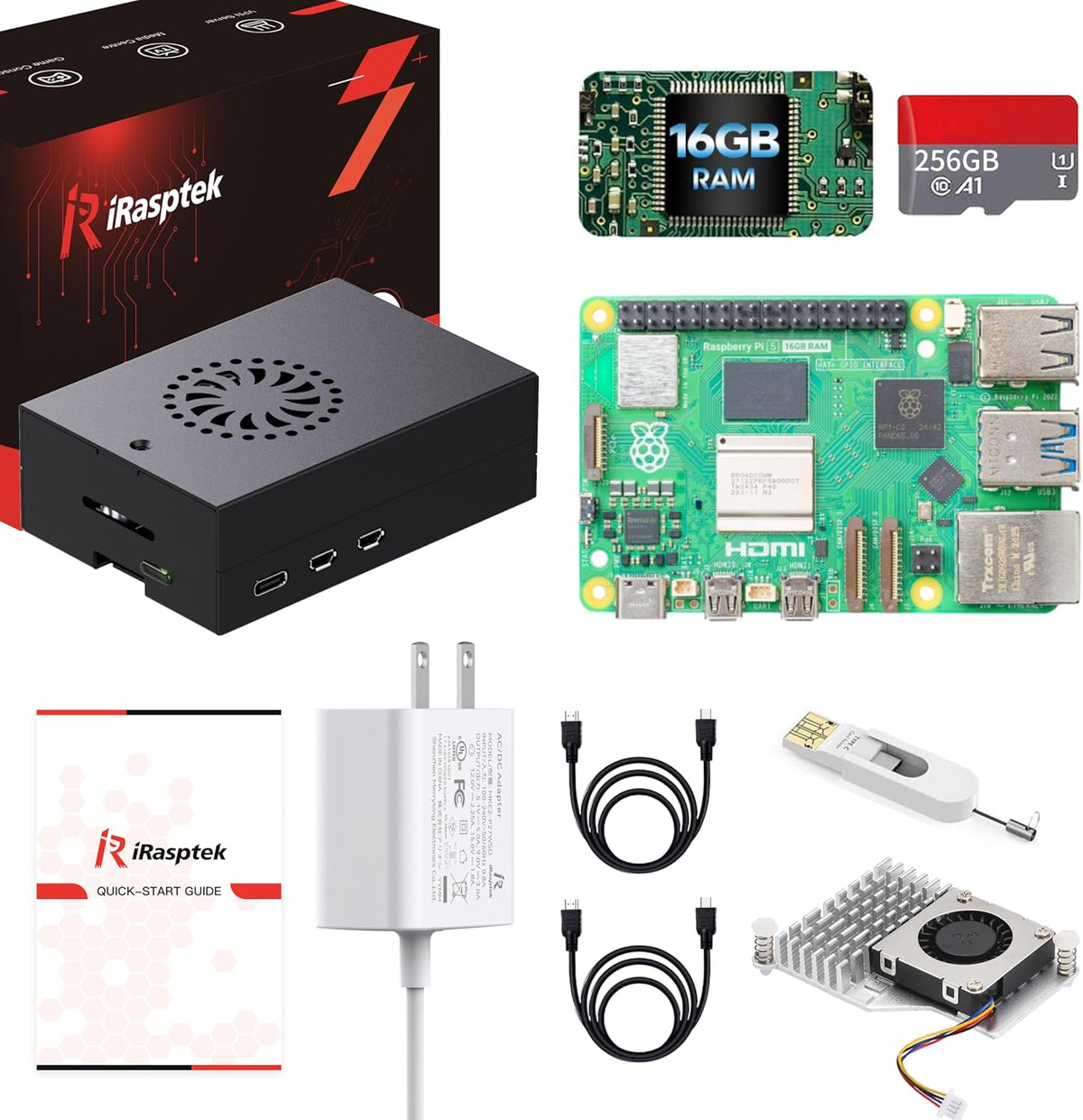 iRasptek Starter Kit for Raspberry Pi 5 RAM 16GB - 256GB Edition of OS-Bookworm Pre-Installed (Aluminum Case) - PuriLite