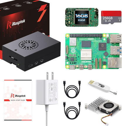 iRasptek Starter Kit for Raspberry Pi 5 RAM 16GB - 256GB Edition of OS-Bookworm Pre-Installed (Aluminum Case) - PuriLite