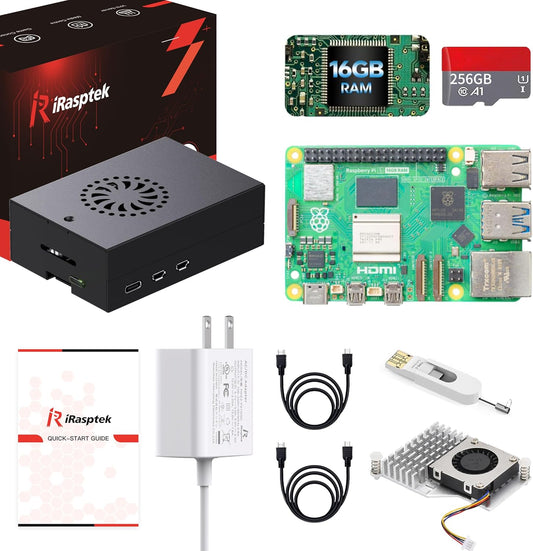 iRasptek Starter Kit for Raspberry Pi 5 RAM 16GB - 256GB Edition of OS-Bookworm Pre-Installed (Aluminum Case) - PuriLite