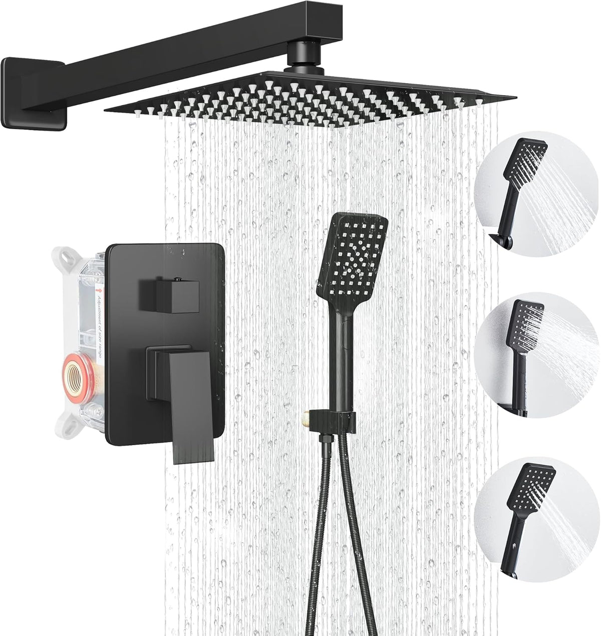 LCEVCGK Shower Faucet Set Complete Matte Black Shower System with 8 inch Square Rainfall Shower Head 3-Function Handheld Shower Waterfall Bathtub Spout Rain Shower Combo Set Bathroom Wall Mounted - PuriLite