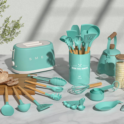 Umite Chef Kitchen Cooking Utensils Set, 33 pcs Non-Stick Silicone Cooking Kitchen Utensils Spatula Set with Holder, Wooden Handle Silicone Kitchen Gadgets Utensil Set (Khaki) - PuriLite
