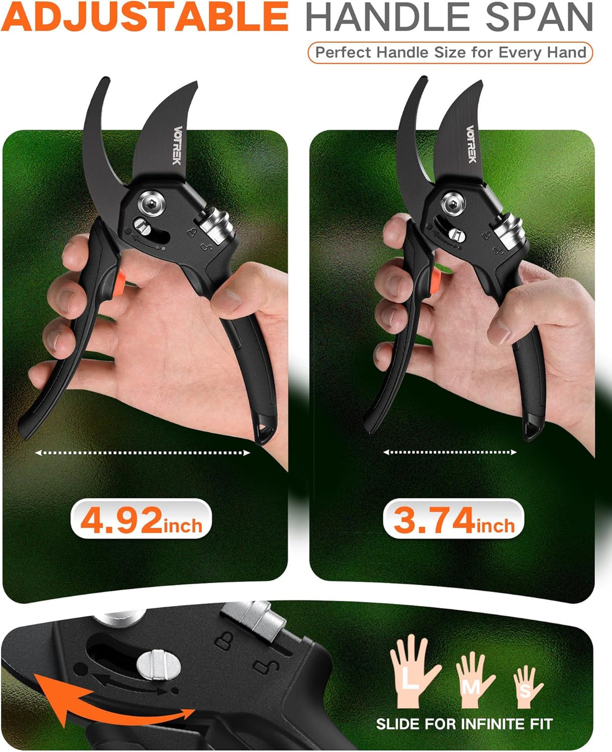VOTREK Pruning Shears - 8.5" Heavy Duty Bypass Pruners for Gardening with Built-in Spring & SK5 Steel Blades - Ergonomic Adjustable Handle for All Hand Sizes, Garden Clipper Plant Scissors for Branch - PuriLite