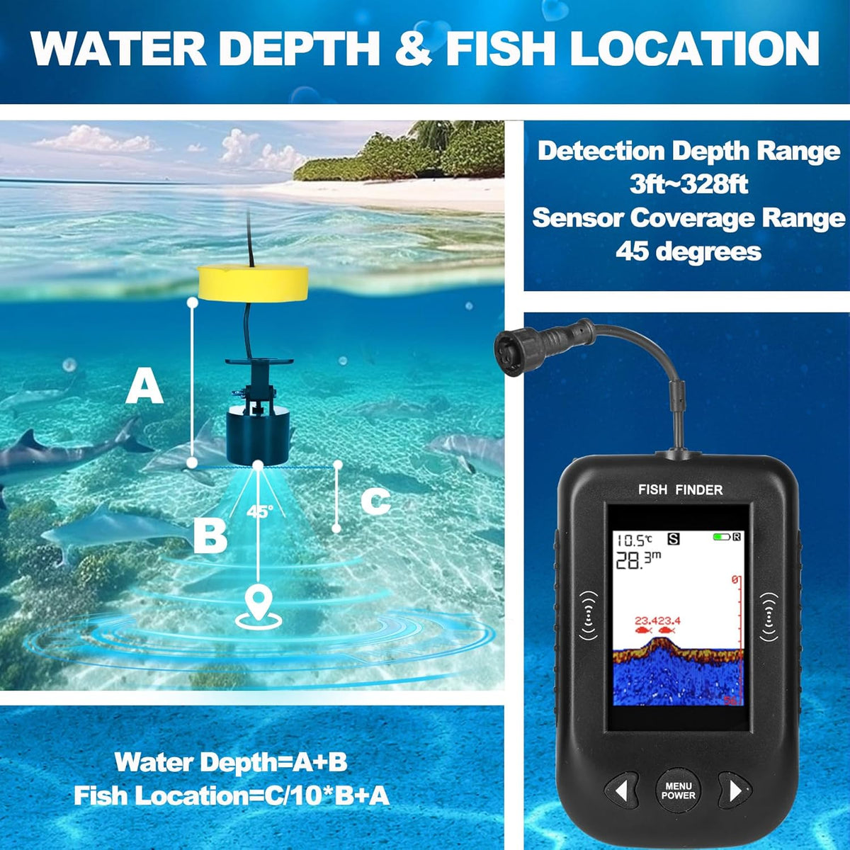 Portable Fish Finder, Water Handheld Fish Depth Finder Sonar Kayak Boat Fishfinder Transducer Fishing LCD Display - PuriLite
