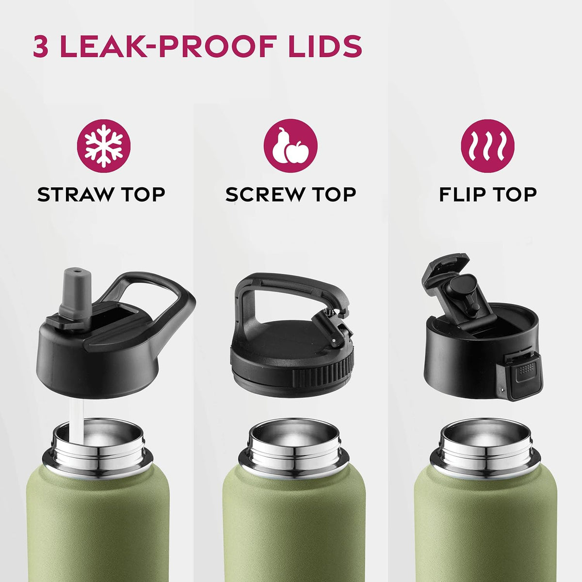 FineDine Water Bottle - Stainless Steel Insulated Water Bottle with Straw Lid, Flip Lid & Wide-Mouth Cap - Keeps Hot and Cold - 25 Oz / 739ml - Pure Pearly White - PuriLite