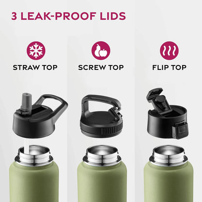 FineDine Water Bottle - Stainless Steel Insulated Water Bottle with Straw Lid, Flip Lid & Wide-Mouth Cap - Keeps Hot and Cold - 25 Oz / 739ml - Pure Pearly White - PuriLite