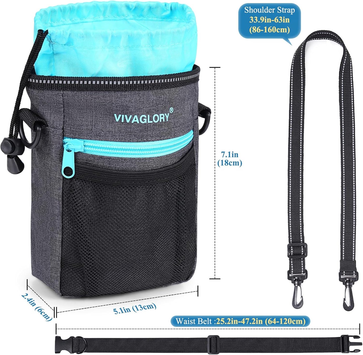 VIVAGLORY Dog Training Treat Pouch, 4Ways to Wear Dog Treat Bags, Built in Dog Waste Bag Dispenser Treats Training Bags with Reflective Adjustable Shoulder Strap, Heather Blue - PuriLite