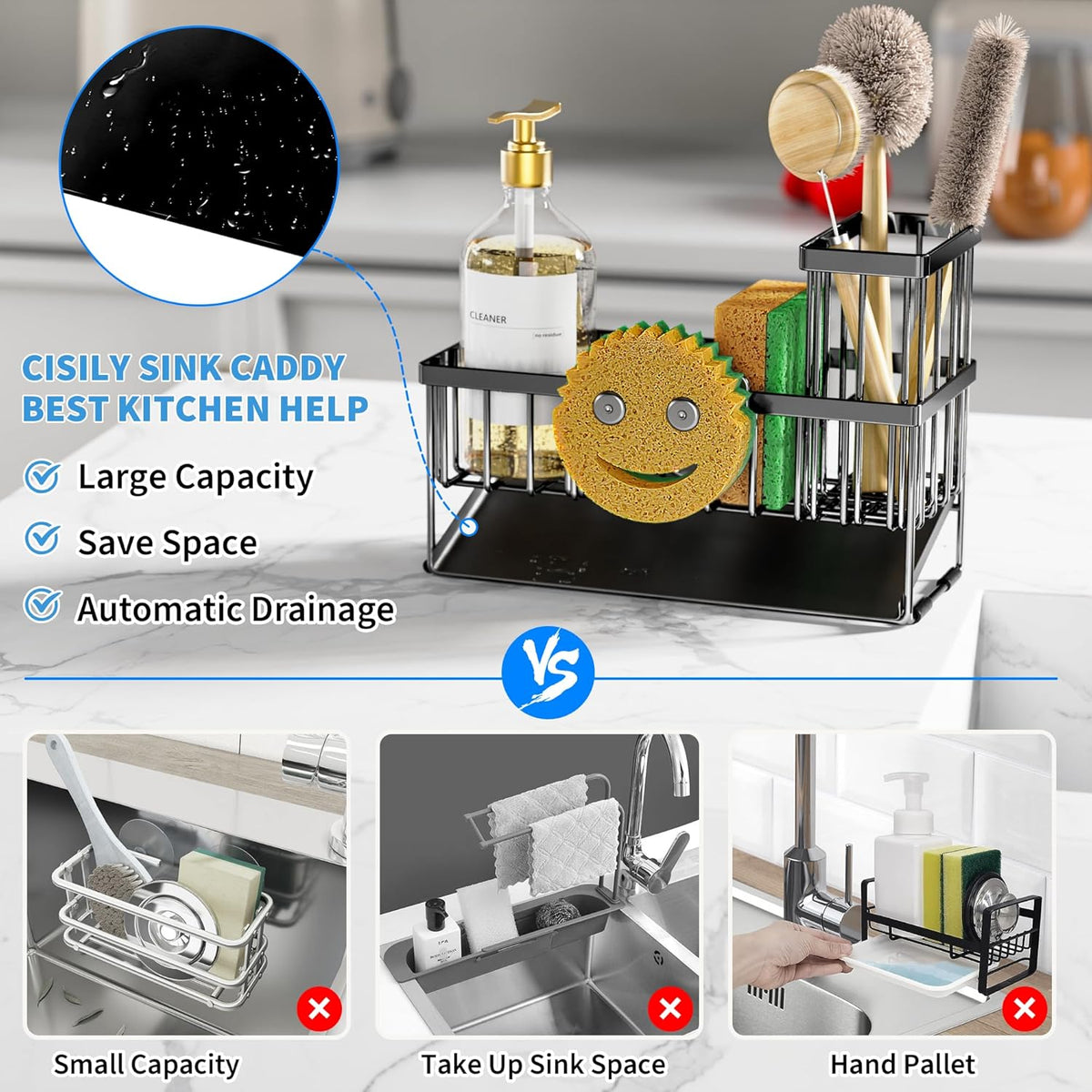Cisily Kitchen Sink Caddy Organzier with High Brush Holder, Sponge Holder for Sink, 304 Rustproof Stainless, Kitchen Countertop Soap Dispenser Organizer, Kitchen Decor and Accessories (Black) - PuriLite