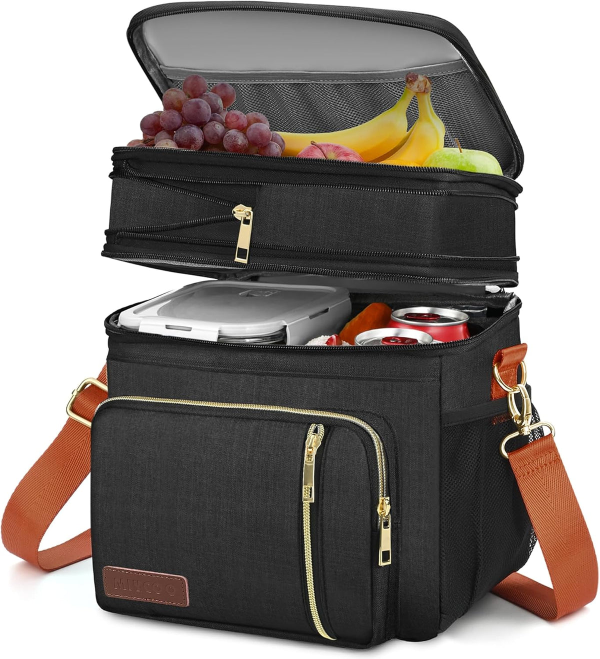 Lunch Bag for Women Men Double Deck Lunch Box - Leakproof Insulated Soft Large Lunch Cooler Bag, MIYCOO (Black,15L) - PuriLite