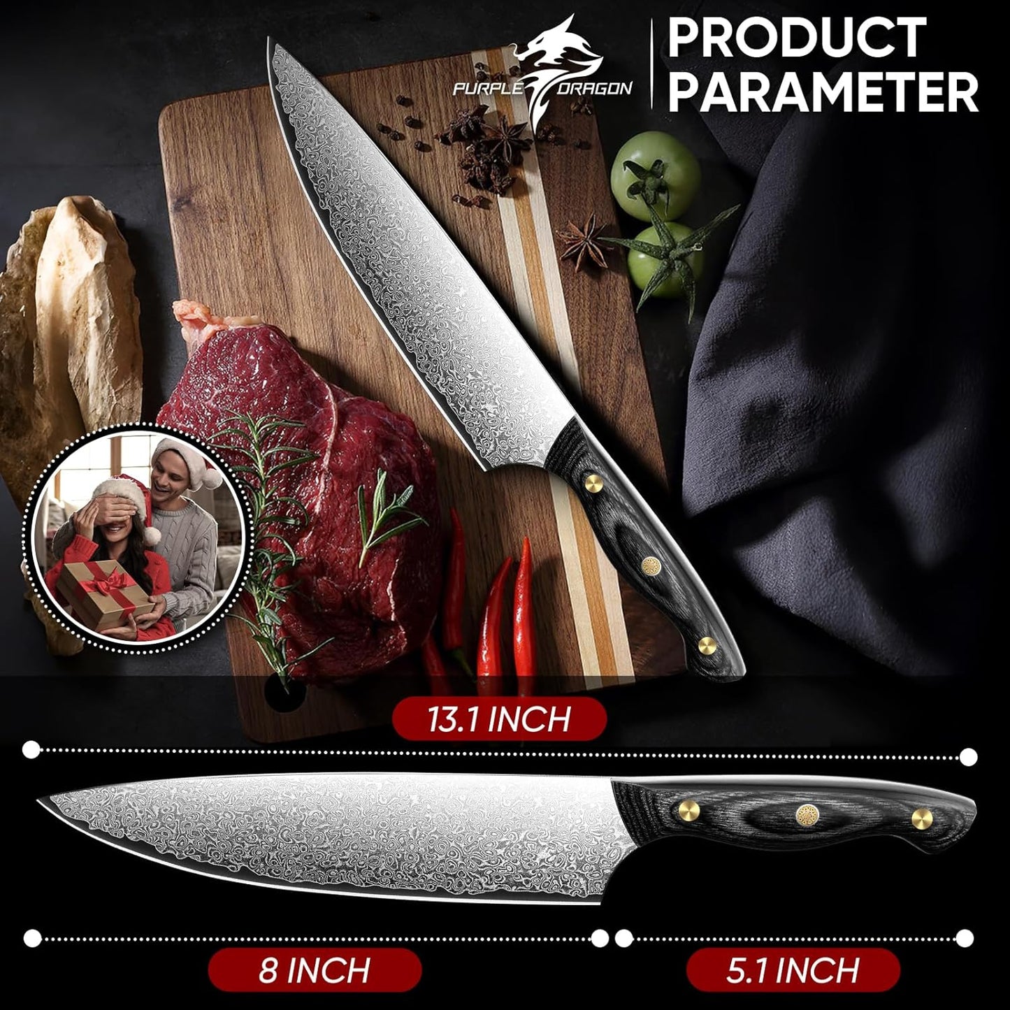 Purple Dragon Damascus Fish Fillet Knife - 7 inch Flexible Boning Knife with VG10 Core, Kitchen Slicing Knife with Full Tang Handle, Birthday Dad Mom Gift - PuriLite