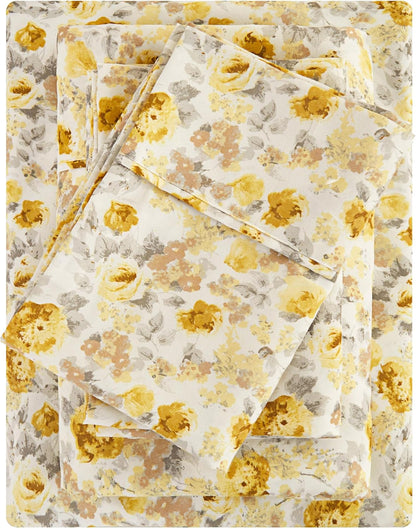 Viviland Floral Queen Sheet Set - 4 Piece Vintage Pink & Yellow Flower Patterned Bed Sheets - Soft, Breathable Microfiber Sheets with Deep Pocket, Non-Slip Fitted Sheets & Pillowcases - PuriLite