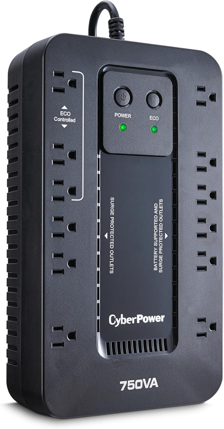 CyberPower EC850LCD Ecologic Battery Backup & Surge Protector UPS System, 850VA/510W, 12 Outlets, ECO Mode, Compact, Uninterruptible Power Supply - PuriLite