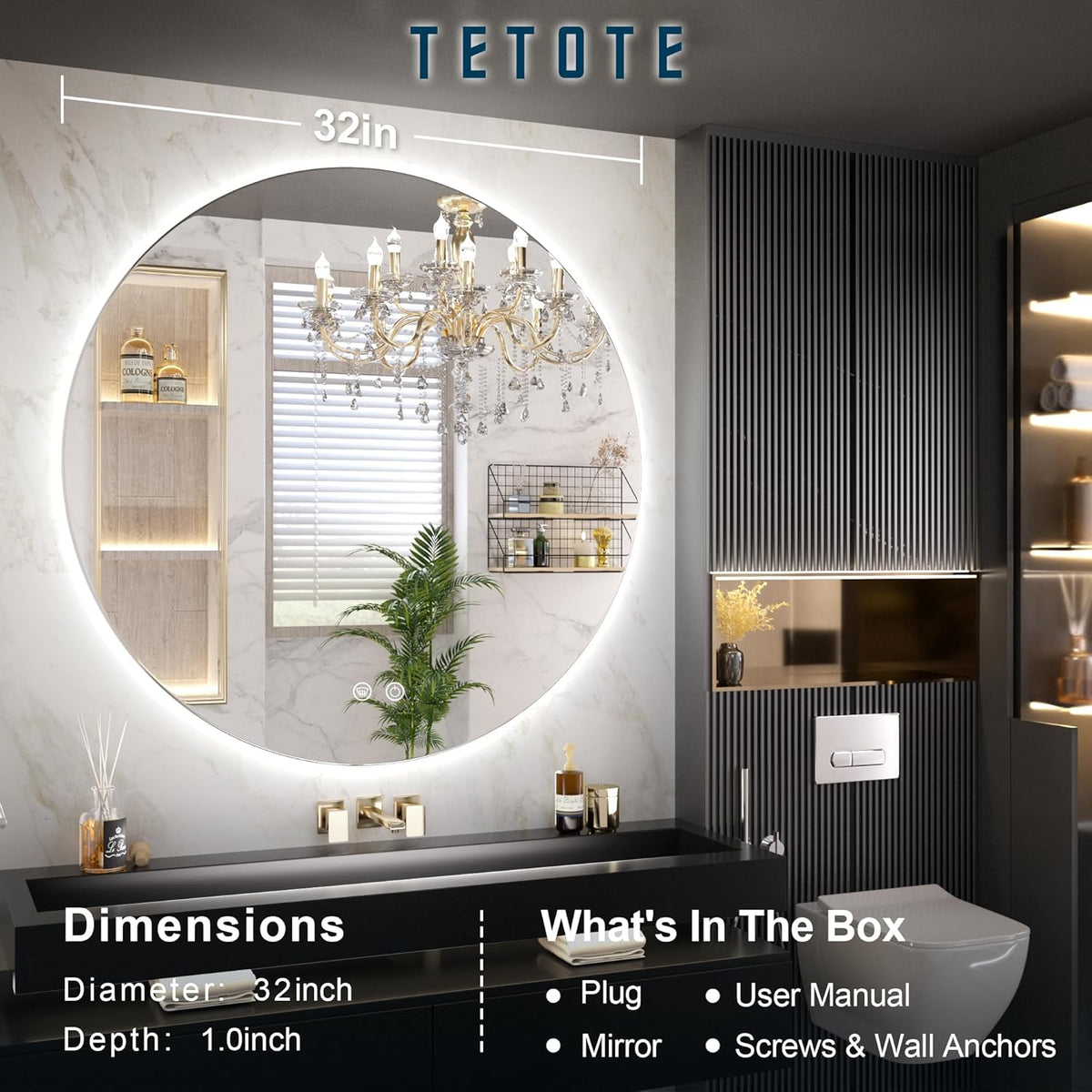 TETOTE 28 Inch Round LED Bathroom Vanity Mirror, Anti-Fog Dimmable Lights IP54 Waterproof Circle Makeup Wall Mounted Mirror - PuriLite