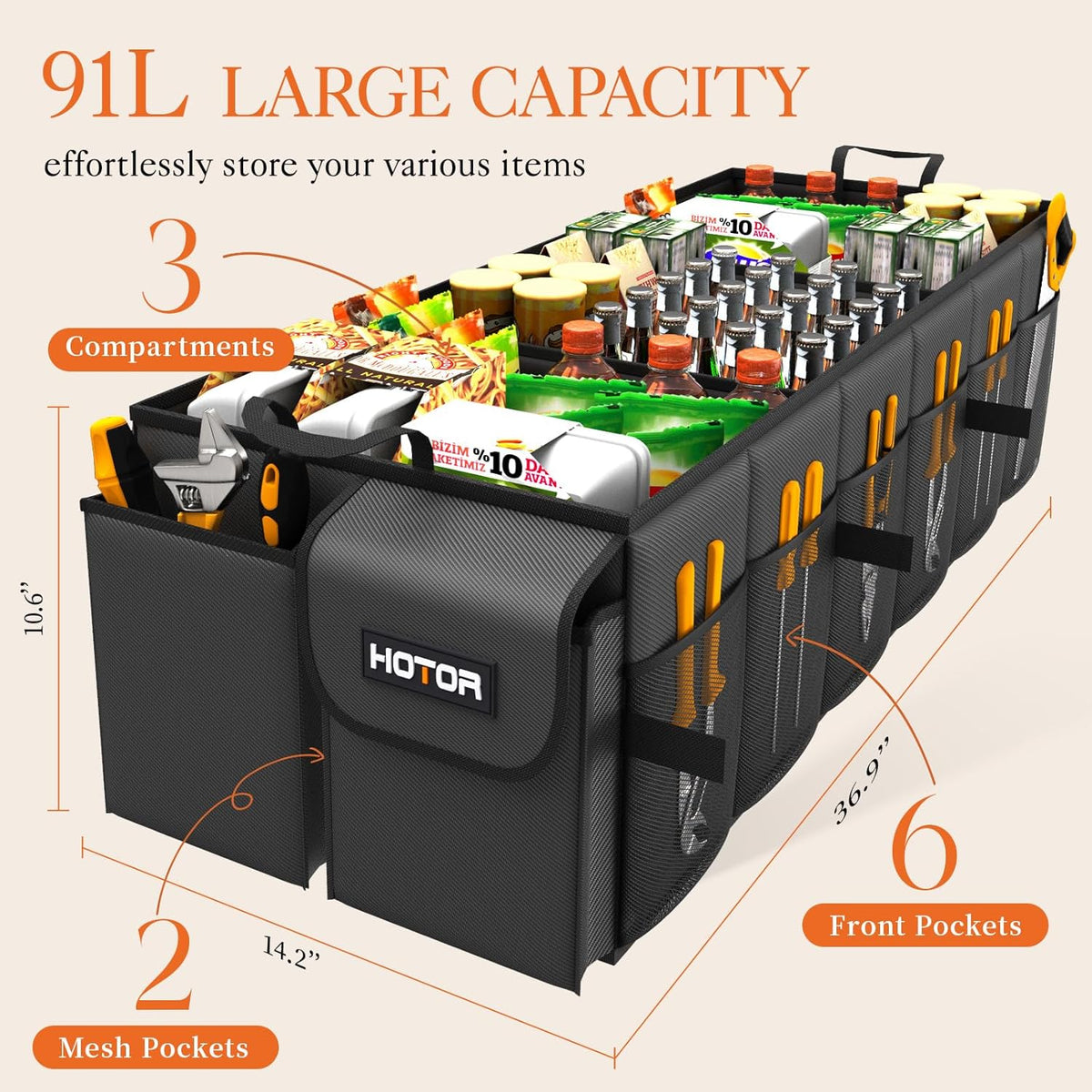 HOTOR Trunk Organizer - Car Organizer, Foldable Trunk organizer for SUVs & Sedans, Car Accessories, Tools, Sundries, 2 Compartments, Black - PuriLite