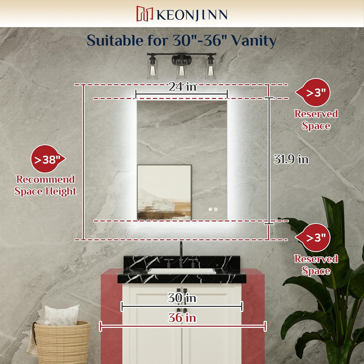 Keonjinn 40 x 32 Inch LED Bathroom Mirror with Acrylic, Backlit Mirror Anti-Fog, Lighted Bathroom Mirror for Wall, CRI90 High Definition Dimmable Large Makeup Mirror(Horizontal/Vertical) - PuriLite