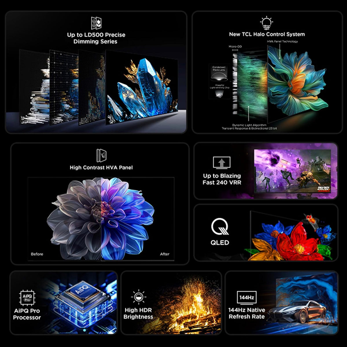 TCL 55-Inch QM6K Series QLED 4K Smart QD-Mini LED TV with Google TV (2025 Model) New Halo Control System, LD500 Precise Dimming Series, High Contrast HVA Panel, 144Hz Native Panel Refresh Rate - PuriLite