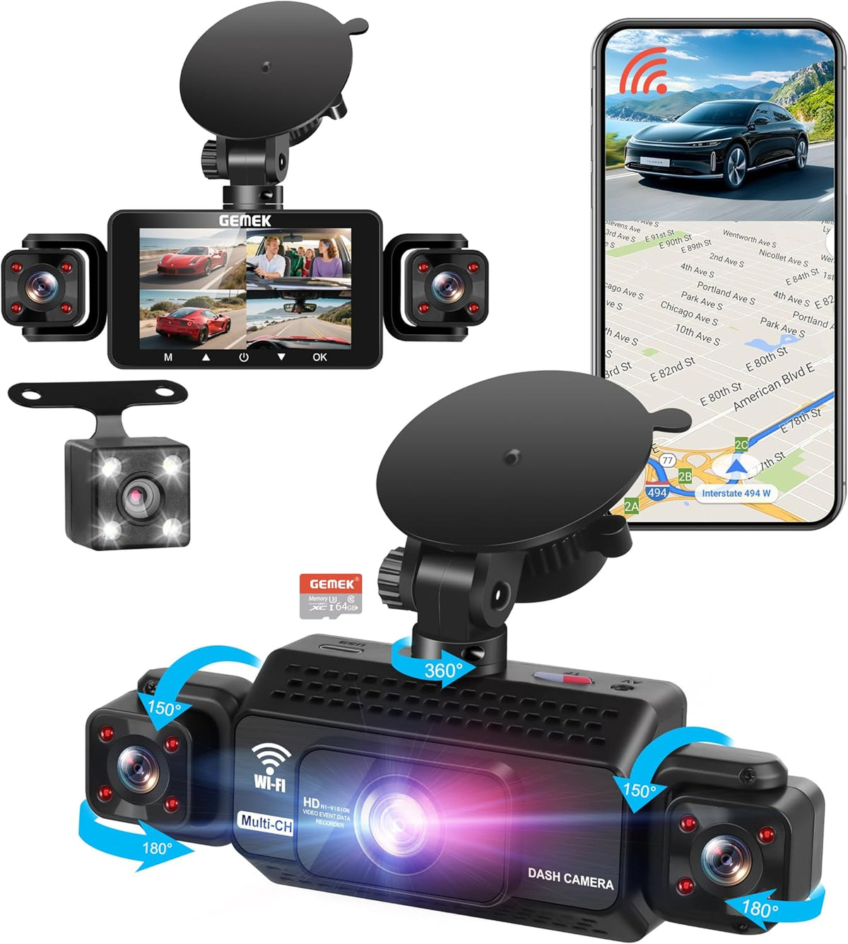 4 Channel Dash Cam 360° View 5G WiFi & APP Control, GEMEK 2K Front and Rear Inside, Left Right Dash Camera for Cars Free 64GB TF Card, G-Sensor, Night Vision, 24H Parking Mode - PuriLite