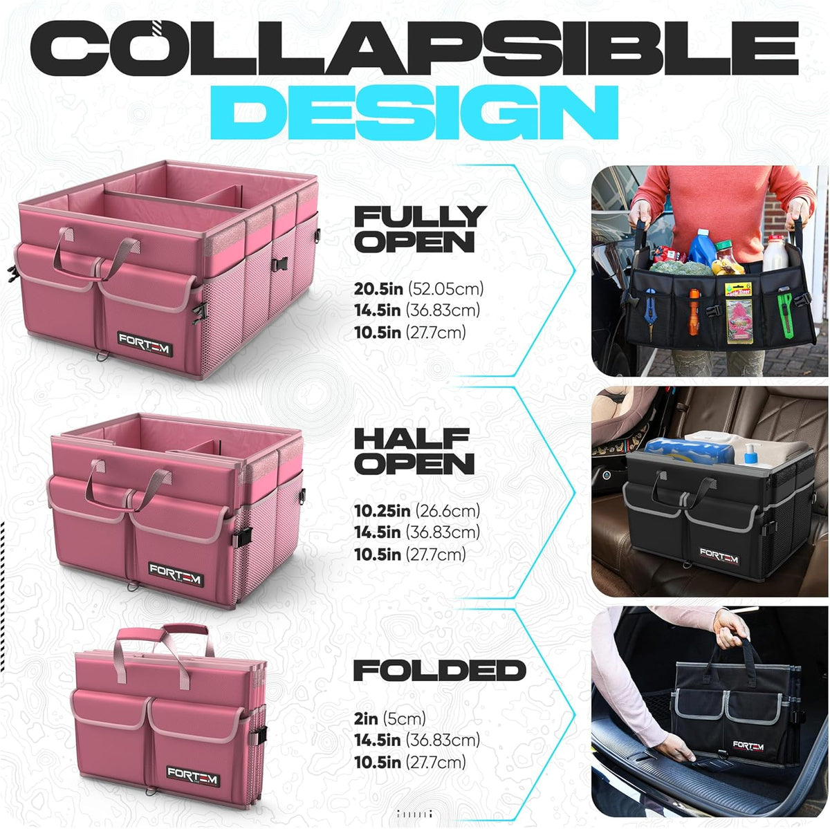 FORTEM Car Trunk Organizer, Collapsible Multi Compartment Car Organizer, Foldable SUV Storage for Car Accessories for Women Men, Non Slip Bottom, Securing Straps, Soft Cover 50L (Black, Standard) - PuriLite