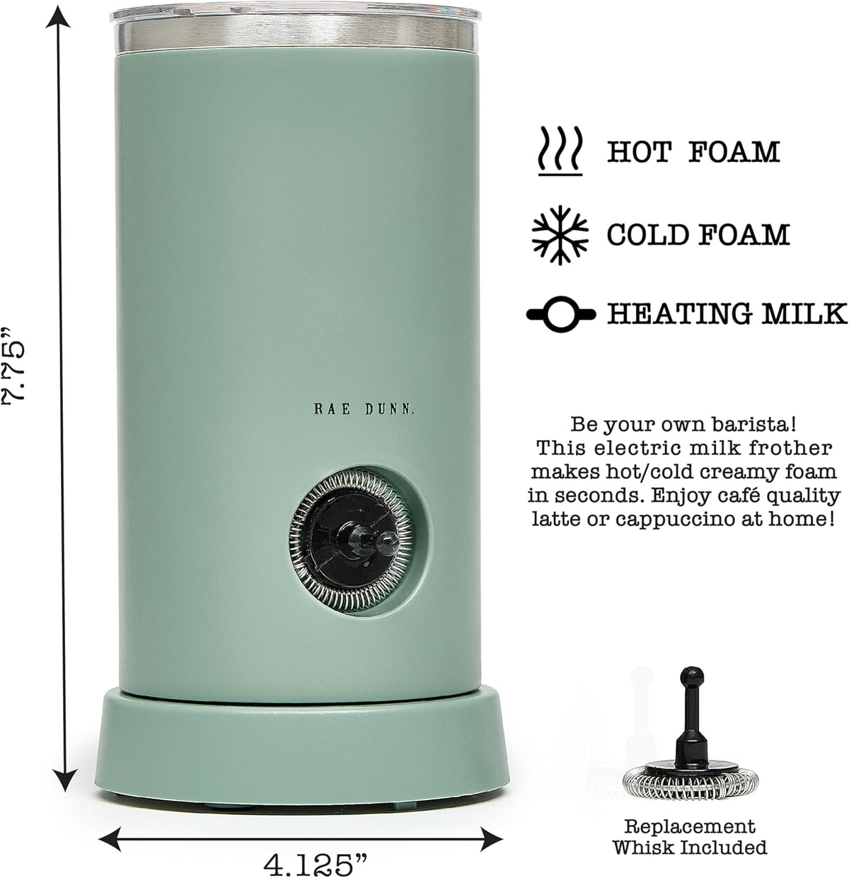 Rae Dunn - Electric Milk Frother - Elegant Automatic Milk Steamer and Frother, Milk Warmer, Hot and Cold Frothing Machine for Coffee, Latte, Cappuccino, Macchiato, - PuriLite