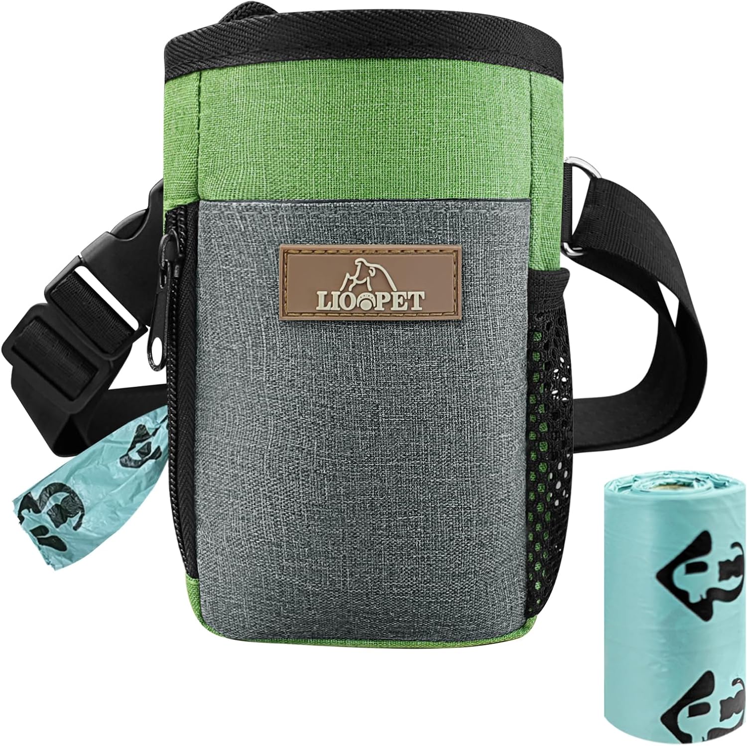 LIOOPET Dog Treat Pouch - Fashionable Green&Grey Design - Large Capacity Dog Treat Bag for Dog Walks, Outdoor Activities, Travel and Training - Includes 1 Poop Bags - PuriLite