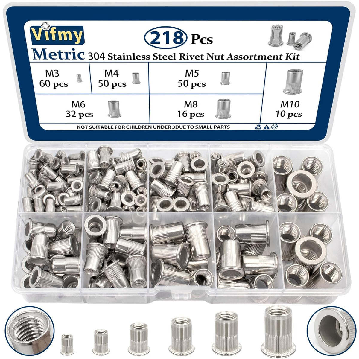 Vifmy Metric & SAE Rivet Nut Assortment Kit(420 Pcs),m3 m4 m5 m6 m8 m10 m12#6-32#8-32#10-24 1/4"-20 5/16"-18 3/8"-16 UNC Flat Head Rivnut Set,Zinc Plated Finish Carbon Steel Nutsert - PuriLite