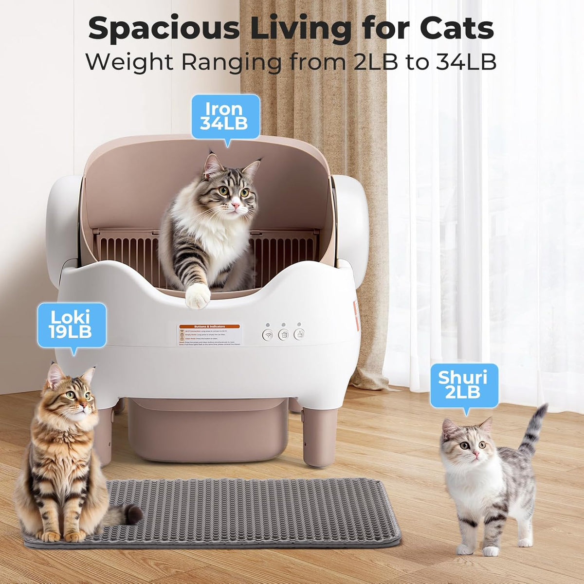 KITPLUS Self Cleaning Litter Box, Automatic Cat Litter Box with APP Control, Odor-Free Waste Disposal Includes Trash Bags, Large Waste Bin, Open-Top, for Multiple Cats - PuriLite